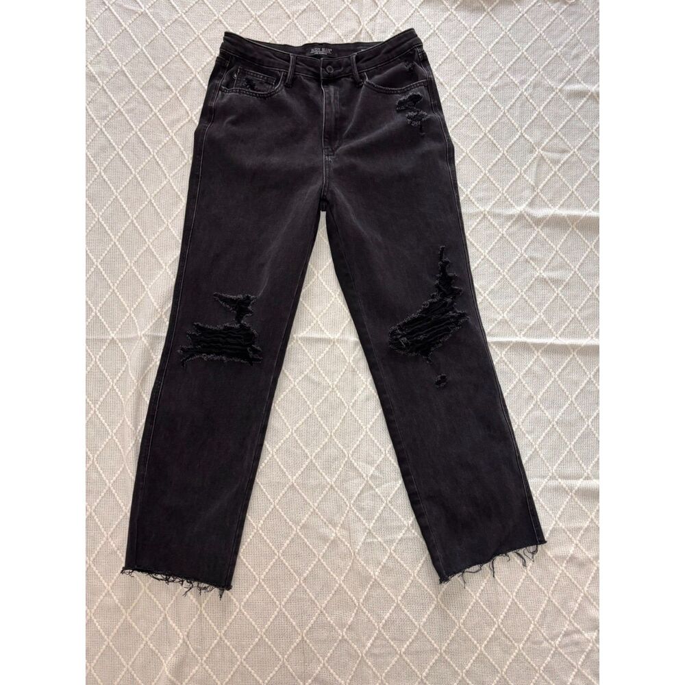 Judy Blue Washed Black Distressed 90's Straight Leg Jeans Raw Hem Size 11/30